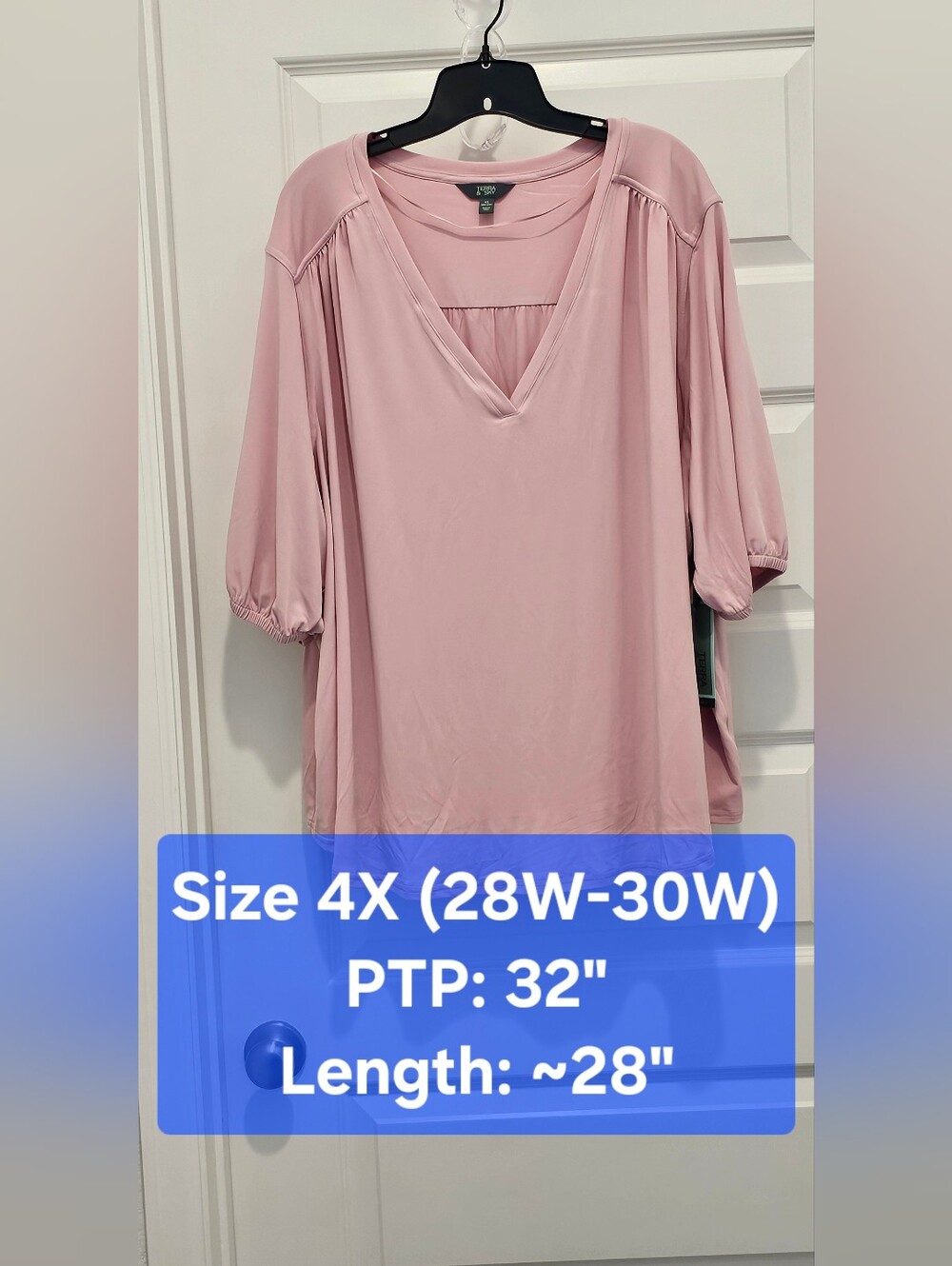 NWT Terra & Sky Pink V-Neck Puff Sleeve Top Blouse - Plus Size 4X (28W-30W)